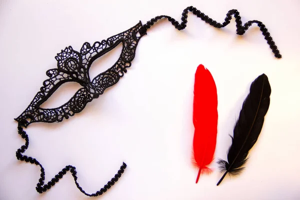 Masque Carnaval Dentelle Noire Pour Femme Plumes Rouges Noires Sur — Photo