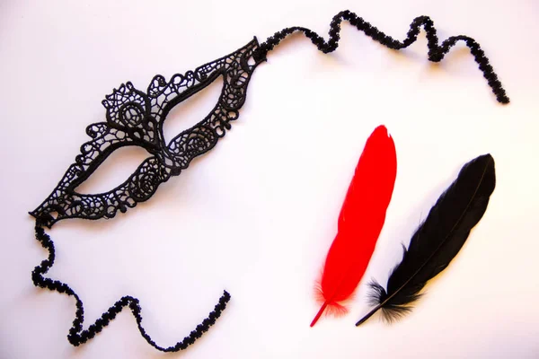 Masque Carnaval Dentelle Noire Pour Femme Plumes Rouges Noires Sur — Photo