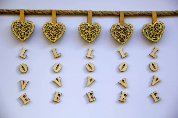 Las Palabras Amor Compuesto Letras Madera Corazones Madera Fijados Torcer — Foto de Stock