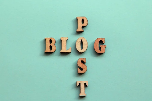 Words Blog Post Made Wooden Letters Blue Background Top View — Stock Photo, Image