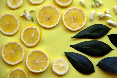 Sarı limon dilimleri, sarı arka planda limon ağacı yaprakları ve çiçekleri olan yaratıcı bir düzen. Minimum yaz konsepti. Düz yatıyordu. Boşluğu kopyala, kağıt kart.