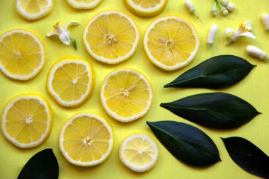 Sarı limon dilimleri, sarı arka planda limon ağacı yaprakları ve çiçekleri olan yaratıcı bir düzen. Minimum yaz konsepti. Düz yatıyordu. Boşluğu kopyala, kağıt kart.