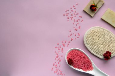 Beyaz kaşıkta doğal banyo tuzu, banyo süngeri, el yapımı sabun, pembe arka planda kuru güller. Rahatlama, vücut bakımı, organik banyo ürünleri. Spa kozmetik. Düz yatıyordu. Boşluğu kopyala.