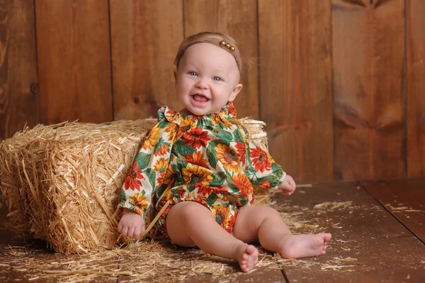 Baby Girl Sitting Against a Straw Bale — Stock Photo, Image