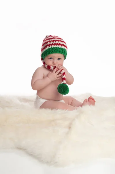 Baby Boy bära badmössa Christmas Elf strumpa — Stockfoto