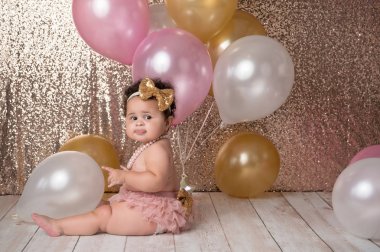 One Year Old Baby Girl with Balloons clipart