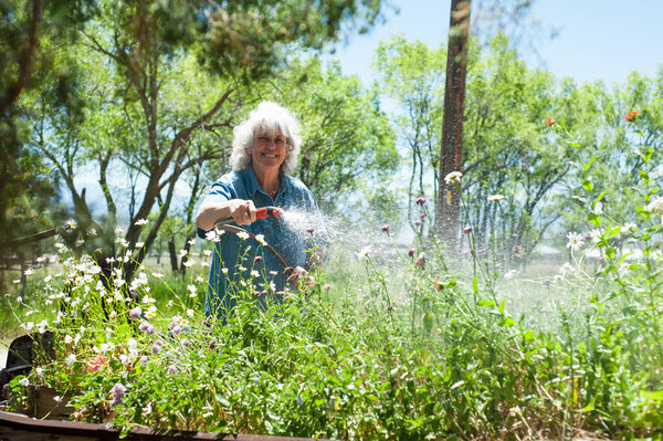 Старшая женщина поливает свой сад

