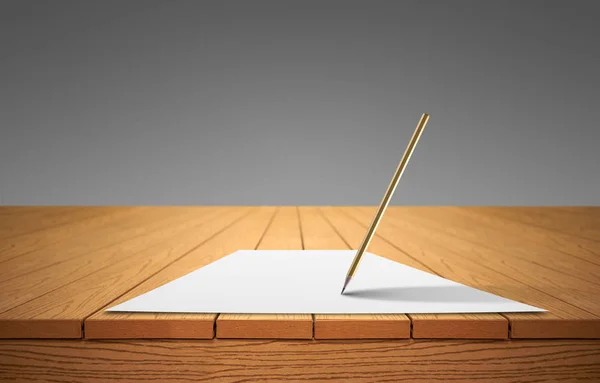 A pencil and a sheet of paper on a wooden table — Stock Photo, Image