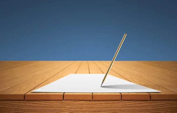 Um lápis e uma folha de papel em uma mesa de madeira — Fotografia de Stock