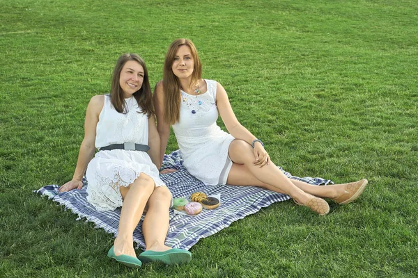 Twee vrienden liggend op het gras in het park — Stockfoto