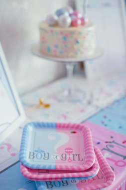 Cinsiyet teşhir partisi, pembe ve mavi süslemeler