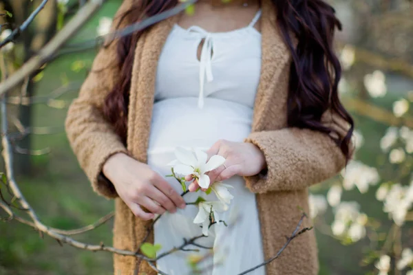 Mujer Embarazada Vestido Blanco Abrigo Beige Cerca Del Árbol Magnolia —  Fotos de Stock