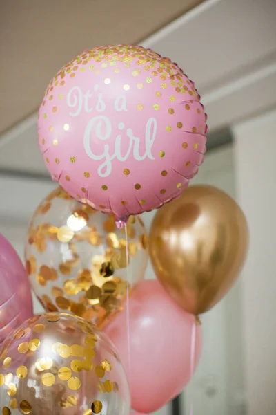 Rosa Och Gyllene Ballonger Med Texten Girl Avslöjar Könsrollsfest Könsgrupp — Stockfoto