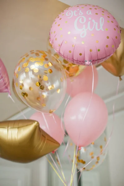 Balões Cor Rosa Dourado Com Texto Uma Menina Festa Revelação — Fotografia de Stock