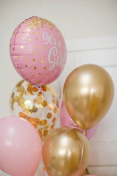 Różowe Złote Balony Tekstem Dziewczyna Płci Ujawniają Imprezę Partia Płci — Zdjęcie stockowe
