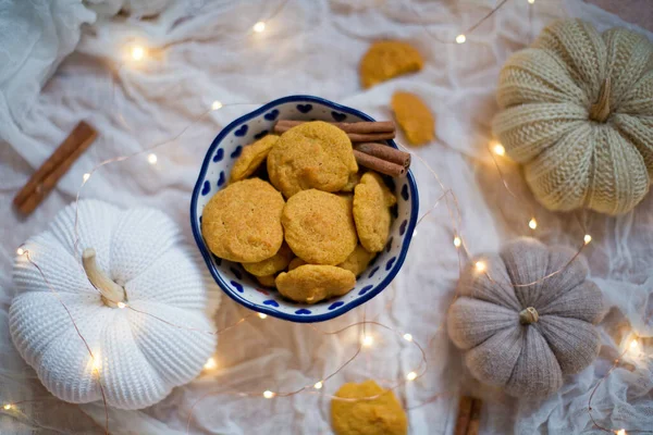 Tasty Pumpkin Cookies Bowl Cinnamon Pumpkin Decorations Lights — Stock Photo, Image