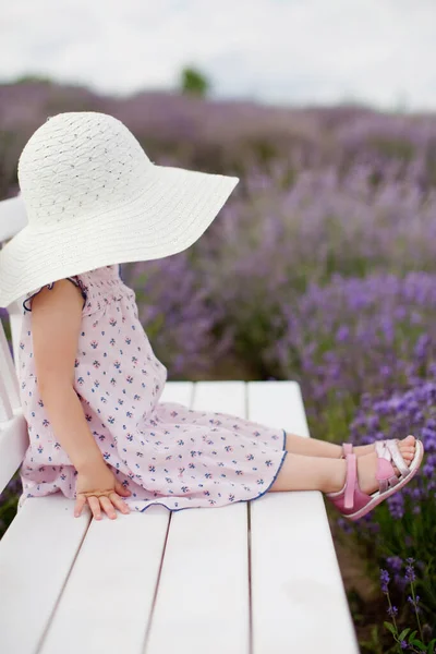 Niña Con Sombrero Campo Lavanda Flor Púrpura Lavanda — Foto de Stock