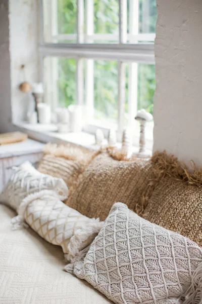 Light Boho Bedroom Vintage Boho Details Big Windows — Stock Photo, Image