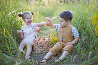 Elma sepetli küçük bir oğlan ve kız. Tatlı erkek ve kız kardeşler.