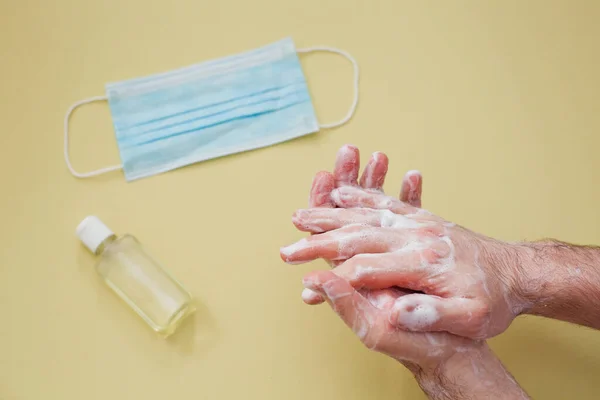 Protection Virus Outbreak Concept Man Cleaning Hands Soap Hand Sanitizer — Stock Photo, Image