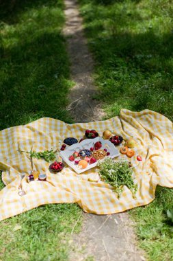 Park patikası yolunda piknik. Beyaz ahşap tepside taze meyve ve fındıklı tart.