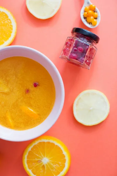Желтый Полезный Напиток Апельсином Клюквой Здоровая Пища Напитки Повышения Иммунной — стоковое фото