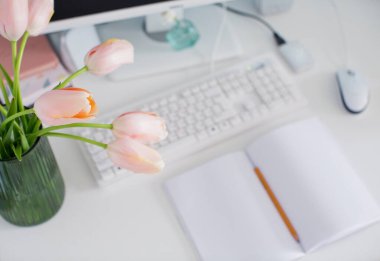 Mavi duvarlı, aydınlık odada modern bir iş yeri. Masada bir buket pembe lale var. Kadınsı çalışma alanı