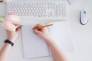 Ofis ya da kadın eli ile ev çalışma alanı. Masada bir buket pembe lale var. Kadınsı çalışma alanı