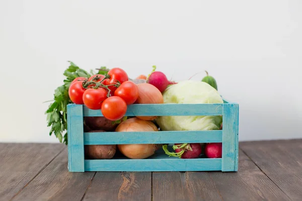 Fresh Vegetables Blue Wooden Box Food Delivery Organic Eco Market — Stock Photo, Image