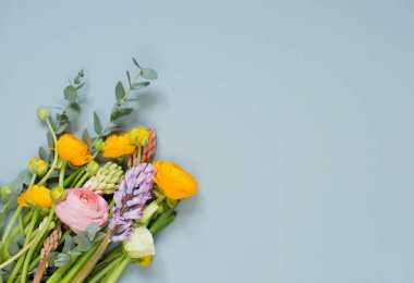 Turuncu ve pembe ranunculus çiçekleri, okaliptüs ve mavi arka planda sümbülü olan güzel bir buket. Mavi arkaplanda çiçekler ve metin için boşluk