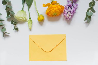 Sarı zarf ve pembe ve turuncu ranunculus çiçekli kenar beyaz arka planda sümbül ve okaliptüs. Üst görünüm