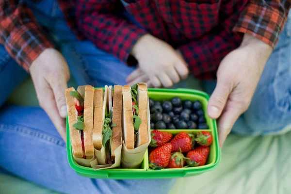 Férfi Fiú Tartsák Uzsonnás Dobozt Szendvicsekkel Eperrel Áfonyával Egészséges Piknik — Stock Fotó