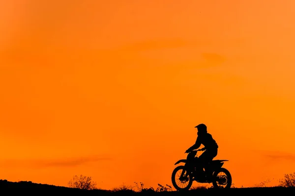 Black Silhouettes Motocross Rider Motorcycle Front Colorful Sunset — Stock Photo, Image