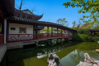 Wujiang şehir antik kenti Pearl Tower Bahçe Bahçe taş döşeli bahçe Pavyonu ile