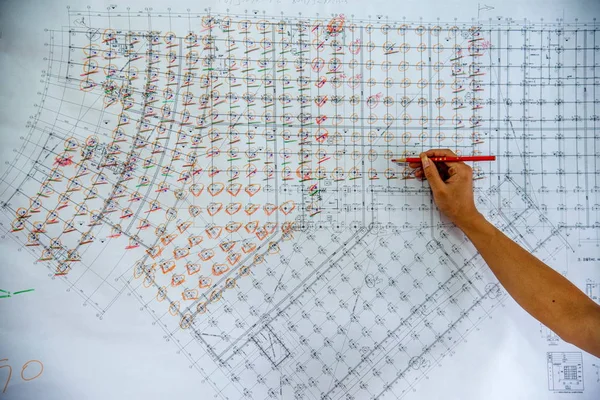 Construction drawings on construction sites — Stock Photo, Image