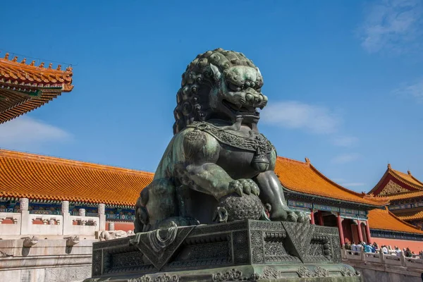 Beijing Palace Museum Taihe Temple in front of a pair of copper lions