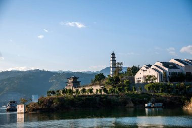 Yangtze Nehri üç Gorges Fengjie antik kentin balık Kulesi