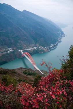 Chongqing Wushan County Wenfeng Forest Park overlooking the Wushan Yangtze River Bridge and Wushan County clipart