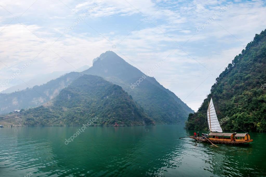 Hubei Badong Yangtze River Wu Gorge mouth chain Creek sailboat