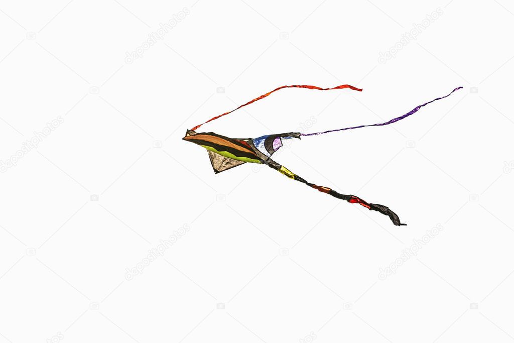 Colored kite made in colored cloth with tassels flying with white background with daylight.