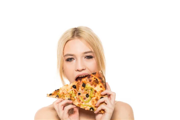 Blonde woman posing with a slice of pizza — Stock Photo, Image