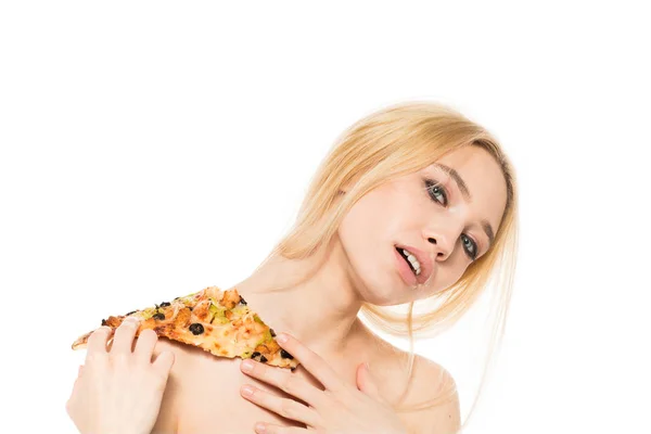 Blonde woman posing with a slice of pizza — Stock Photo, Image