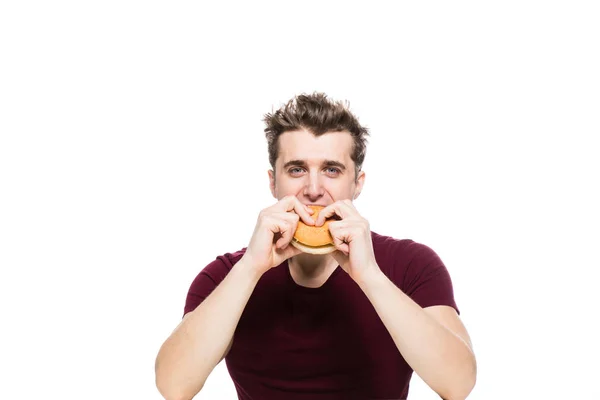 Hommes avec hamburger dans les mains — Photo