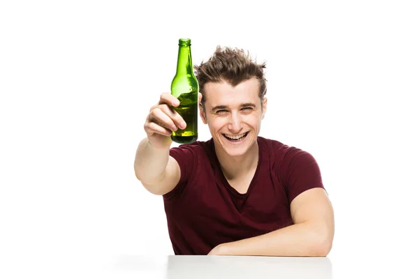 Hombre con cerveza en blanco —  Fotos de Stock