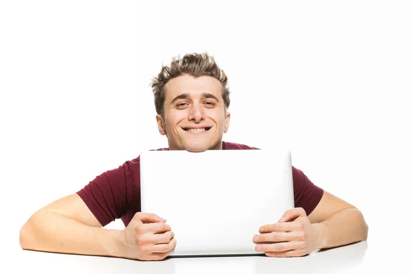 Muž s notebookem izolovaný na bílém — Stock fotografie