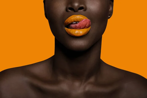 Concept of colors with black skin afro woman mouth with tongue o — Stock Photo, Image