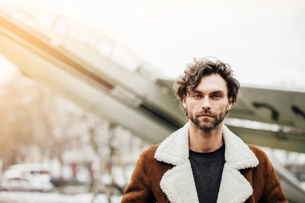 Masculine Confident Man Pilot Jacket Standing Old Airplane — Stock Photo, Image