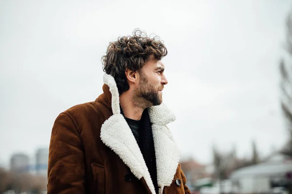 Cool Handsome Man Smoking Cigarette Aviator Coat Masculine Attitude Waiting — Stock Photo, Image