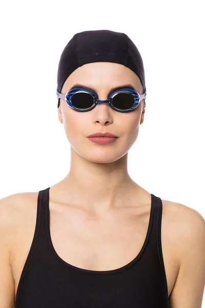 Porträt Von Schwimmerinnen Badeanzug Und Wasserbrille Isoliert Auf Weiß — Stockfoto