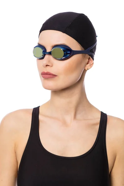 Porträt Einer Schwimmerin Badeanzug Und Wasserbrille Isoliert Auf Weißem Grund — Stockfoto